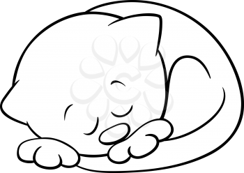 Black and White Cartoon Illustration of Cute Little Sleeping Kitten for Coloring Book