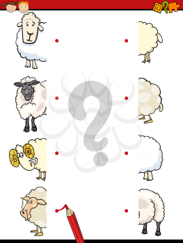 Cartoon Illustration of Education Matching Halves Game for Preschool Children with Sheep Animal Characters