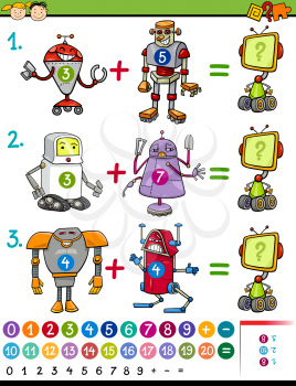 Cartoon Illustration of Education Mathematical Game for Preschool Children with Animals with Robots