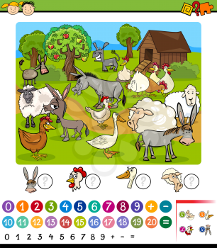 Cartoon Illustration of Education Mathematical Game for Preschool Children with Farm Animals