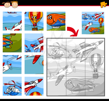 Cartoon Illustration of Education Jigsaw Puzzle Game for Preschool Children with Aircraft Transportation Characters Group