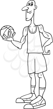 Black and White Cartoon Illustrations of Basketball Player Sportsman with Ball for Coloring Book