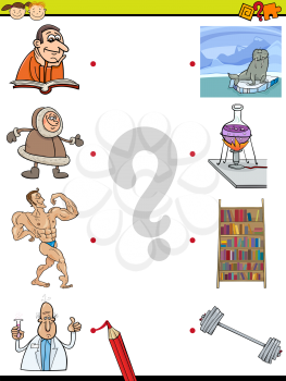 Cartoon Illustration of Education Element Matching Game for Preschool Children with People and Objects