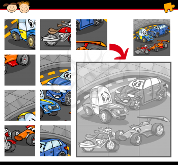 Cartoon Illustration of Education Jigsaw Puzzle Game for Preschool Children with Cars Land Vehicles Characters Group