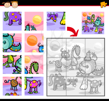 Cartoon Illustration of Education Jigsaw Puzzle Game for Preschool Children with Fantasy Animals Characters Group