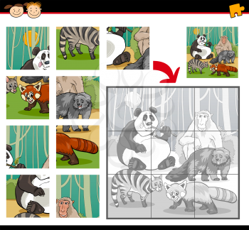Cartoon Illustration of Education Jigsaw Puzzle Game for Preschool Children with Wild Animals Characters Group