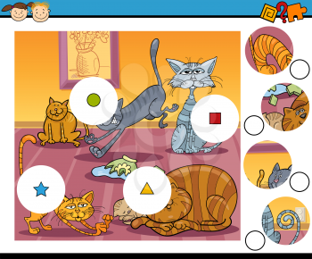 Cartoon Illustration of Match the Pieces Educational Game for Preschool Children with Cats Characters