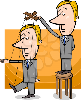 Concept Cartoon Illustration of Puppeteer Businessman Controlling other Man