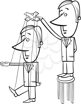 Black and White Concept Cartoon Illustration of Puppeteer Businessman Controlling other Man