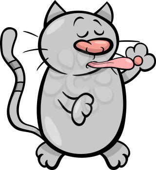 Cartoon Illustration of Cute Cat or Kitten Cleaning Itself
