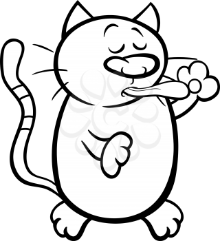 Black and White Cartoon Illustration of Cute Cat Cleaning Itself for Coloring Book