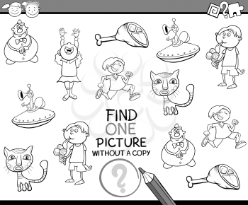 Black and White Cartoon Illustration of Educational Game of Finding Single Picture without a Copy for Preschool Children