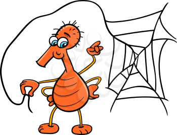 Cartoon Illustration of Funny Spider Insect with Web