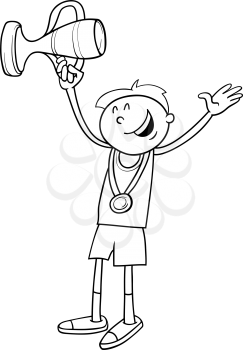 Black and White Cartoon Illustration of Happy Boy Winner with Medal and Cup for Coloring Book