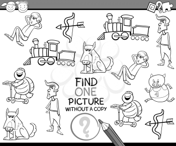 Black and White Cartoon Illustration of Educational Game of Single Picture Finding for Preschool Children