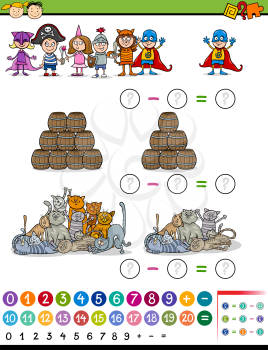 Cartoon Illustration of Education Mathematical Subtraction Game for Preschool Children