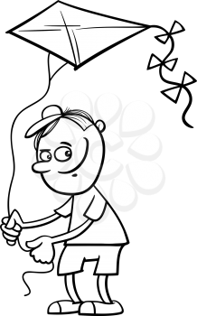 Black and White Cartoon Illustration of Little Boy with Kite for Coloring Book