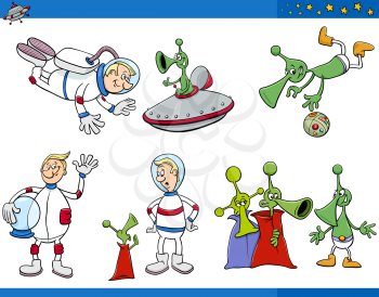 Cartoon Illustrations Set of Fantasy Alien Characters and Astronaut