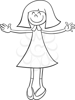 Black and White Cartoon Illustration of Happy Girl Character for Coloring Book