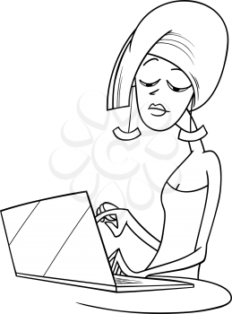 Black and White Cartoon Illustration of Fashionable Woman with Notebook