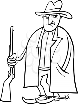 Black and White Cartoon Illustration of Cowboy  Character with Gun for Coloring Book
