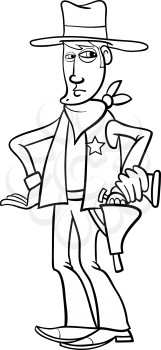 Black and White Cartoon Illustration of Cowboy Sheriff  Character for Coloring Book