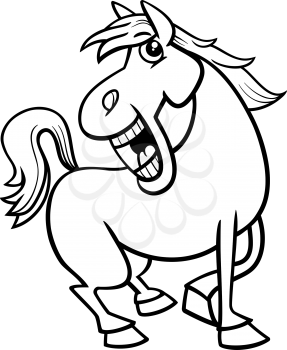Black and White Cartoon Illustration of Funny Horse Farm Animal Character for Coloring Book