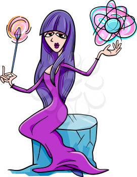 Cartoon Illustration of Beautiful Witch or Fairy Fantasy Character Casting a Spell