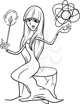 Black and White Cartoon Illustration of Beautiful Witch or Fairy Fantasy Character Casting a Spell for Coloring Book