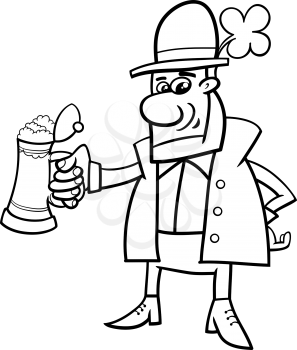 Black and White Cartoon Illustration of Leprechaun on Saint Patrick Day with Beer and Clover