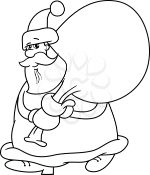 Black and White Cartoon Illustration of Santa Claus with Sack on Christmas Time for Coloring Book