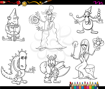 Black and White Cartoon Illustrations of Fairy Tale or Fantasy Characters Set for Coloring Book