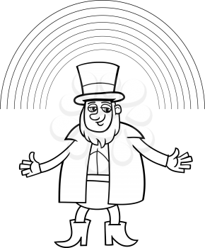 Black and White Cartoon Illustration of Leprechaun with Rainbow on Saint Patrick Day for Coloring Book