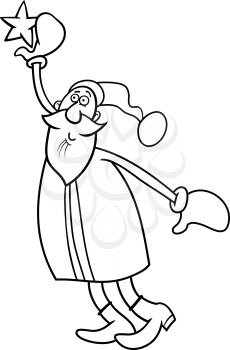 Black and White Cartoon Illustration of Santa Claus with Christmas Star for Coloring Book