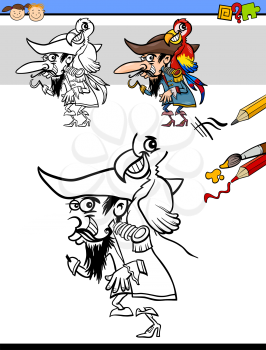 Cartoon Illustration of Drawing and Coloring Educational Task for Preschool Children with Pirate Character