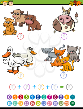 Cartoon Illustration of Education Mathematical Addition Game for Preschool Children with Animal Characters