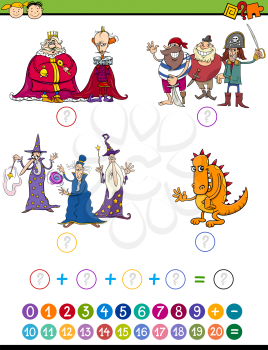 Cartoon Illustration of Education Mathematical Addition Game for Preschool Children with Fantasy Characters