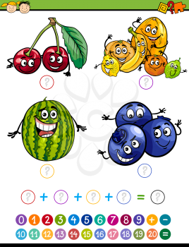 Cartoon Illustration of Education Mathematical Addition Task for Preschool Children with Funny Fruits