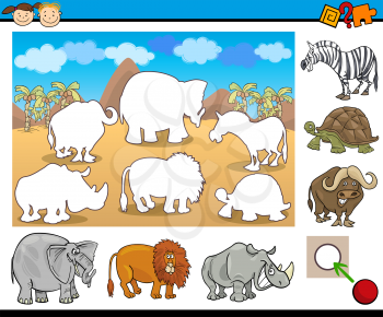 Cartoon Illustration of Educational Game for Preschool Children with Safari Animal Characters