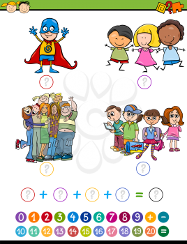 Cartoon Illustration of Education Mathematical Addition Task for Preschool Children with Pupils Characters