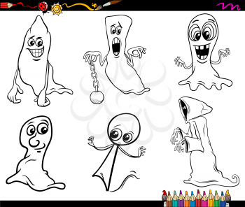 Black and White Cartoon Illustration of Ghosts or Phantoms Halloween Characters Set for Coloring Book