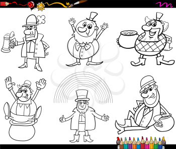 Black and White Cartoon Illustration of Leprechaun and Saint Patrick Day Themes with Rainbow and Clovers and Pot of Gold for Coloring Book