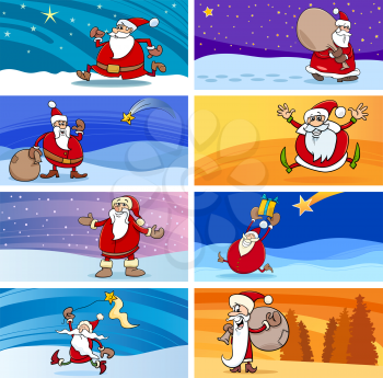 Cartoon Illustration of Christmas Greeting Cards Set with Santa Claus or Papa Noel