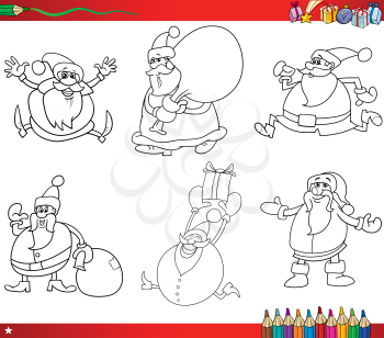 Coloring Book Cartoon Illustration of Black and White Christmas Themes Set with Santa Claus
