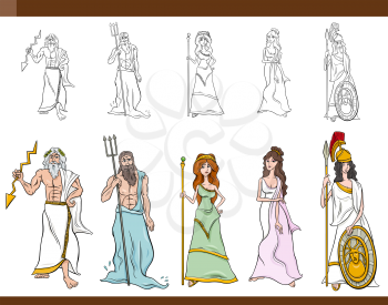 Cartoon Illustration of Mythological Greek Gods and Goddesses Set