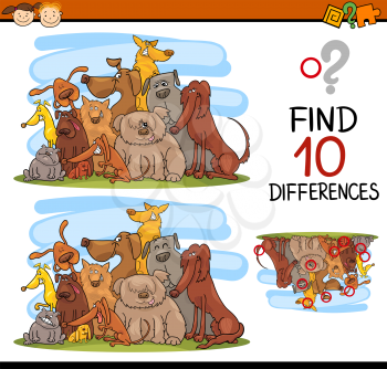 Cartoon Illustration of Finding Differences Educational Game for Preschool Kids with Dog Characters