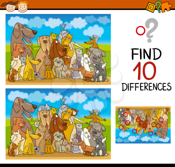 Cartoon Illustration of Differences Educational Task for Preschoolers with Dogs and Cats Animal Characters