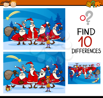 Cartoon Illustration of Differences Educational Task for Preschool Children with Christmas Characters
