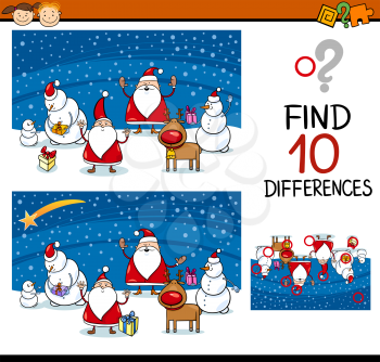 Cartoon Illustration of Differences Educational Game for Preschool Children with Christmas Characters