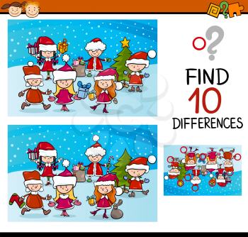 Cartoon Illustration of Differences Educational Task for Preschool Children with Kids Characters on Christmas Time